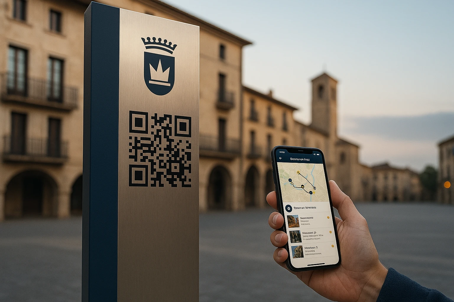 móvil y placa con código QR de Clixpot en una ruta turística